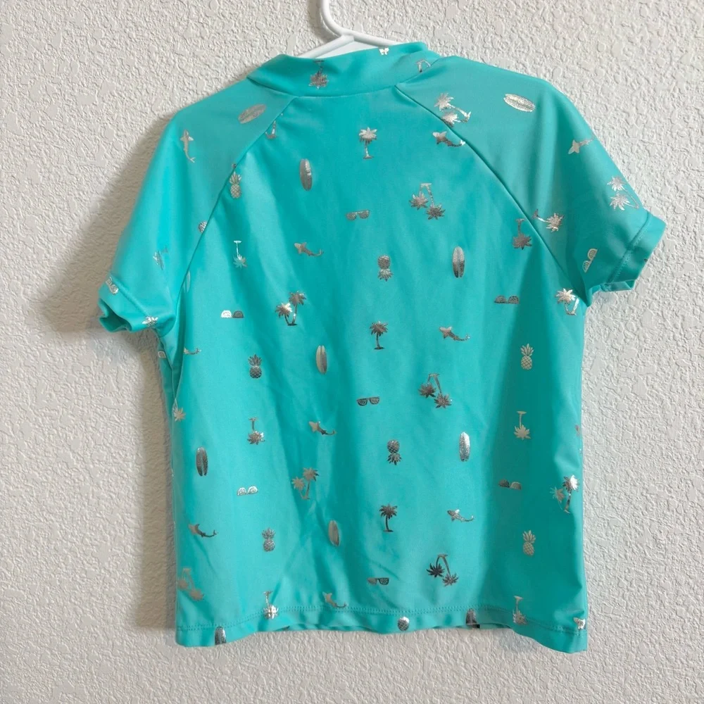Gymboree Girls Kid Swim Top UPF 50+ UV Protection‎ Shirt Blue Silver L/10-12
